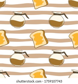 nahtloses Muster des Kaffeetanks mit Buttertoast im Doodle-Stil