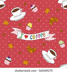Seamless pattern with coffee, cookies and cupcakes