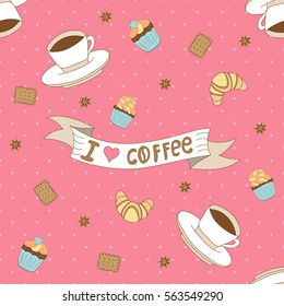 Seamless pattern with coffee, cookies and cupcakes