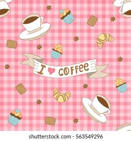 Seamless pattern with coffee, cookies and cupcakes