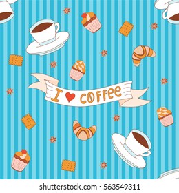 Seamless pattern with coffee, cookies and cupcakes
