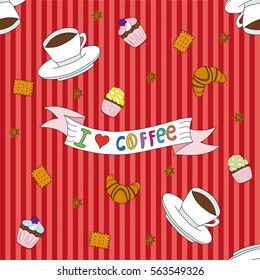 Seamless pattern with coffee, cookies and cupcakes
