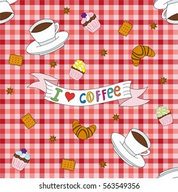 Seamless pattern with coffee, cookies and cupcakes