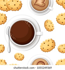 Seamless pattern of coffee and cookies. Hot drink in cup. White ceramic mug. Vector illustration on white background. Web site page and mobile app design.