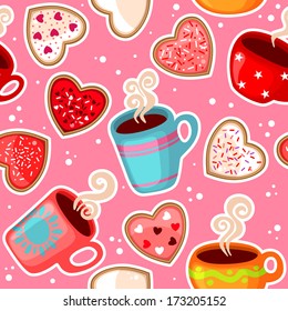 Seamless pattern with coffee and cookies for Valentine's day
