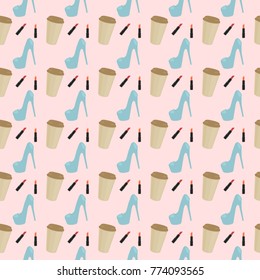 Seamless pattern with coffee, cosmetics and shoes.