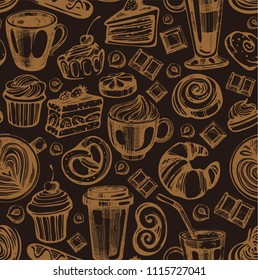 Seamless pattern with coffee cup and bakery on the browm background
