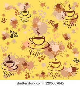 Seamless Pattern with coffee cup, beans and coffee stains. Vintage restaurant menu. Brown and yellow pattern. Vector illustration