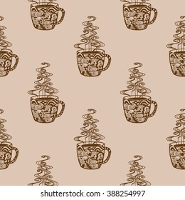 Seamless pattern coffee cup pattern. Beige background. Vector illustration.