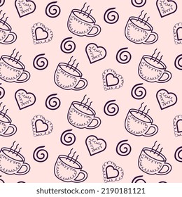 Seamless pattern with coffee cup and hearts. Doodle style. Stock seamless pattern vector illustration.