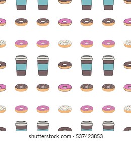 Seamless pattern. A coffee Cup with a lid and a glazed donut. Breakfast in the cafe. Vector illustration.