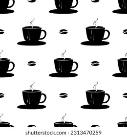 Seamless pattern coffee cup. Modern continuous vector illustration of taste drink, black silhouettes isolated on white.