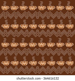 seamless pattern coffee cup on a brown background