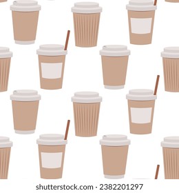 Seamless pattern with coffee cup paper container take away. coffee shop wrapping paper
