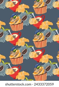 Nahtloses Muster mit Kaffee und Cupcake auf blauem Hintergrund.