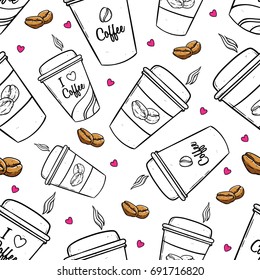 seamless pattern of coffee cups and coffee bean using hand drawn or sketch style