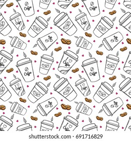 seamless pattern of coffee cups and coffee bean using hand drawn or sketch style on white background