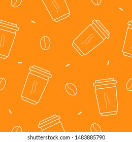 Seamless pattern of coffee cups and coffee beans on an orange background.