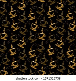 Seamless pattern with coffee cups and beans on black background
