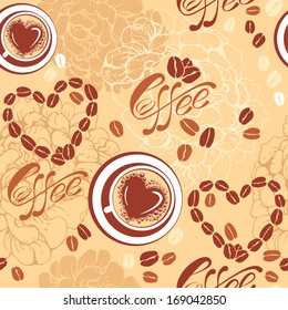 Seamless pattern with coffee cups, beans, heart shapes, calligraphic text COFFEE. Background design for cafe or restaurant menu.