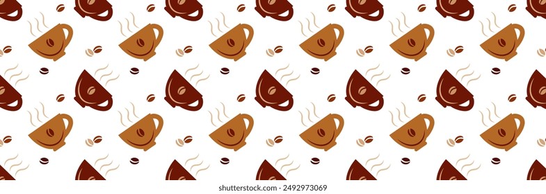 Seamless pattern. Coffee cups and beans on white background. Design of cover, packaging, background. Vector graphics 