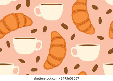 seamless pattern with coffee cups, coffee beans and croissants- vector illustration
