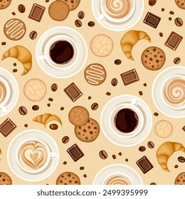 Seamless pattern with coffee cups, coffee beans, cookies, croissants, and chocolate. Vector seamless background. Hand-drawn illustration, not AI