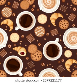 Seamless pattern with coffee cups, coffee beans, croissants, cookies, and chocolate on a brown background. Vector coffee print. Hand-drawn illustration, not AI 