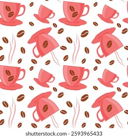 Seamless pattern of coffee cups with beans. Wallpaper, packaging for wrapping paper in coffeeshops and hot drink stores, stylish cappuccino Americano background.