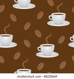 Seamless pattern with coffee cups and beans. Vector illustration.