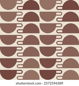 Seamless pattern with coffee cups in brown and beige colors. Minimalist geometric poster in coffee mocha and mousse 2025 colors of the year. Contemporary art in retro style