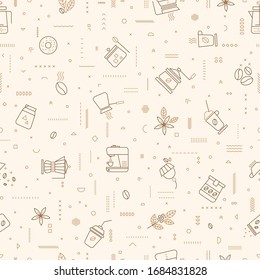 Patrón sin inconvenientes con café, tazas, pasteles, donuts y otros atributos de café. Ilustración vectorial sobre fondo beige claro. Para envolver papel, tapicería, telas y fondos.