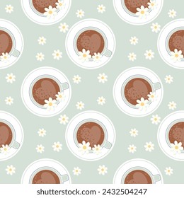 Seamless pattern, coffee cups and chamomile flowers, top view. Background, textile, print, vector