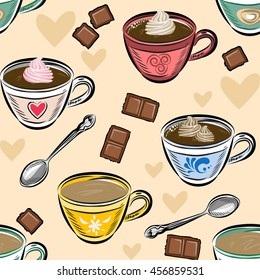 Seamless Pattern coffee cups and chocolate. Vector illustration