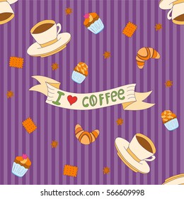 Seamless pattern with coffee cups, cookies and cupcakes