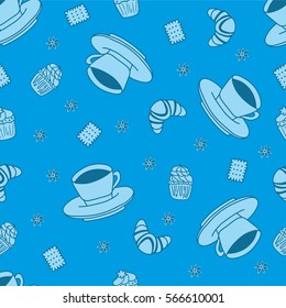 Seamless pattern with coffee cups, cookies and cupcakes
