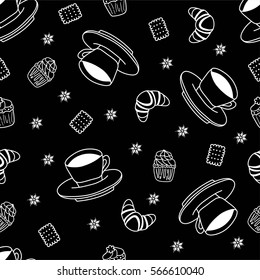 Seamless pattern with coffee cups, cookies and cupcakes