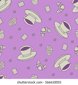 Seamless pattern with coffee cups, cookies and cupcakes