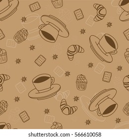 Seamless pattern with coffee cups, cookies and cupcakes