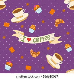 Seamless pattern with coffee cups, cookies and cupcakes