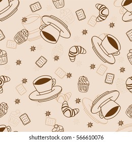 Seamless pattern with coffee cups, cookies and cupcakes