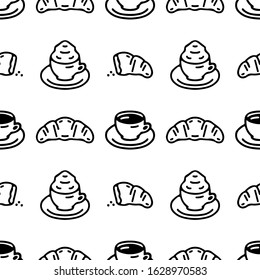Seamless pattern with coffee cups and croissants. Texture for wallpapers, stationery, fabric, wrap, web page backgrounds, vector illustration