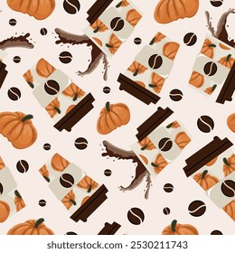 seamless pattern with coffee cups with a design of orange round pumpkins, coffee splashes and orange pumpkins arranged randomly, vector