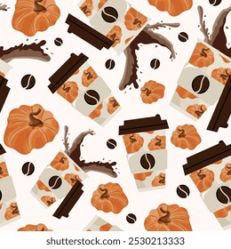 seamless pattern with coffee cups with a design of orange pumpkins, coffee splashes and orange round pumpkins arranged randomly, vector