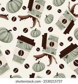 seamless pattern with coffee cups with a design of round green pumpkins, coffee splashes and round green pumpkins arranged randomly, vector