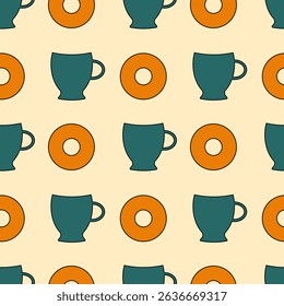 Seamless pattern with coffee cups and donuts in a flat style in turquoise and orange colors. They symbolize the time of breakfast, tea or coffee.