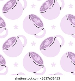 Seamless pattern with coffee cups featuring latte art hearts on a purple background. Flat vector style, modern and cozy design perfect for cafe branding, wrapping paper, digital backgrounds, or textil