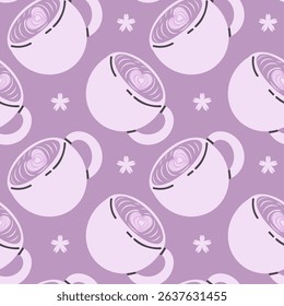Seamless pattern with coffee cups featuring latte art hearts on a purple background. Flat vector style, modern and cozy design perfect for cafe branding, wrapping paper, digital backgrounds, or textil