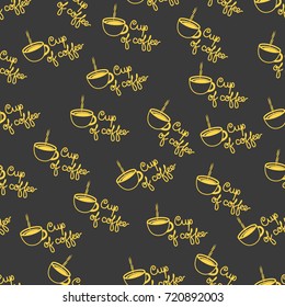 Seamless pattern of coffee cups and handwritten lettering in yellow on a dark background