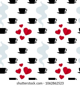 Seamless Pattern with Coffee Cups and Hearts on White. Vector Illustration. Flat Style. Decorative Background for Cafeteria, Posters, Banners, Cards, Wrapping Paper, Gifts, Kitchen Design